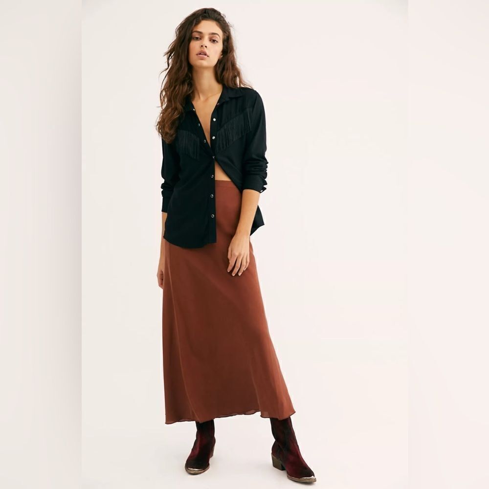New Free People Washed Silk Midi Skirt in BROWN LARGE
